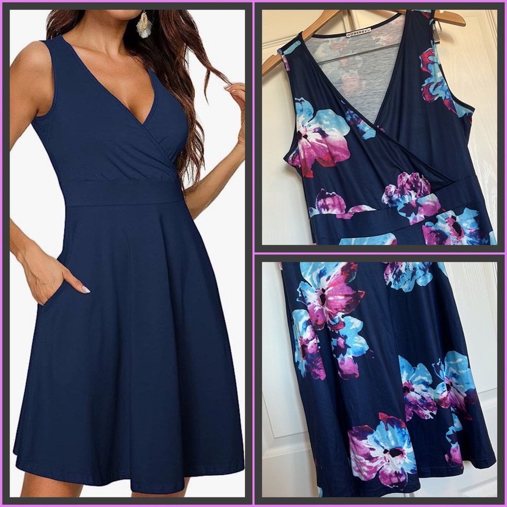 Dress Navy & Purple Floral Crossover Style Size L